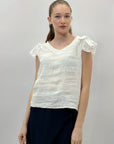 T-shirt in lino con manica a sbuffo