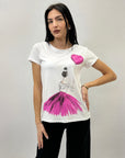 T-shirt in cotone con donna e palloncino