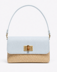 Mini bag in rafia con patta effetto pelle e chiusura gioiello