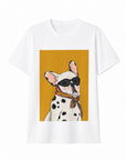 T-shirt bianca con stampa bulldog e occhiali