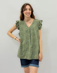 T-shirt in pizzo sangallo con maniche volant