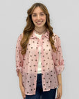 Camicia Donna con Stampa Cuori e Maniche Risvoltate