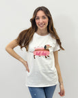 T-shirt con scritta "you are one hot dog" con bassotto