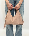 Borsa hobo in vera pelle scamosciata con frange - Made in Italy