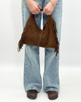 Borsa hobo in vera pelle scamosciata con frange - Made in Italy