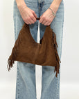 Borsa hobo in vera pelle scamosciata con frange - Made in Italy