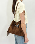 Borsa hobo in vera pelle scamosciata con frange - Made in Italy