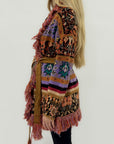 Cardigan fantasia etnica con frange e cintura – Stile boho chic