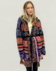 Cardigan fantasia etnica con frange e cintura – Stile boho chic