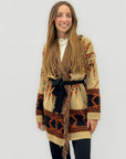 Cardigan fantasia etnica con cintura e frange