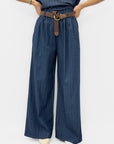 Pantalone Palazzo Denim a Righe con Cintura