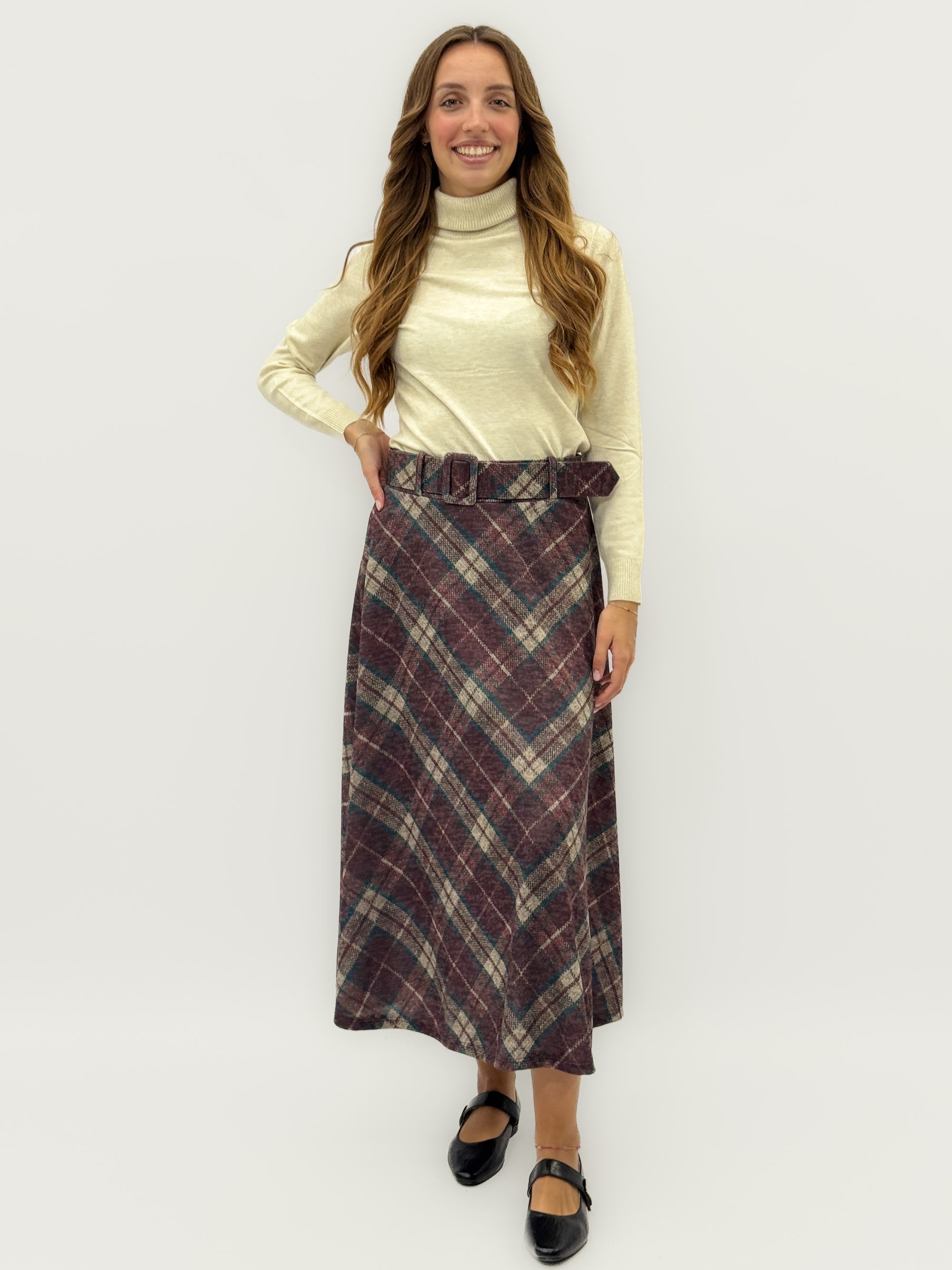 Gonna midi effetto lana scozzese con cintura – Stile vintage e femminilità moderna