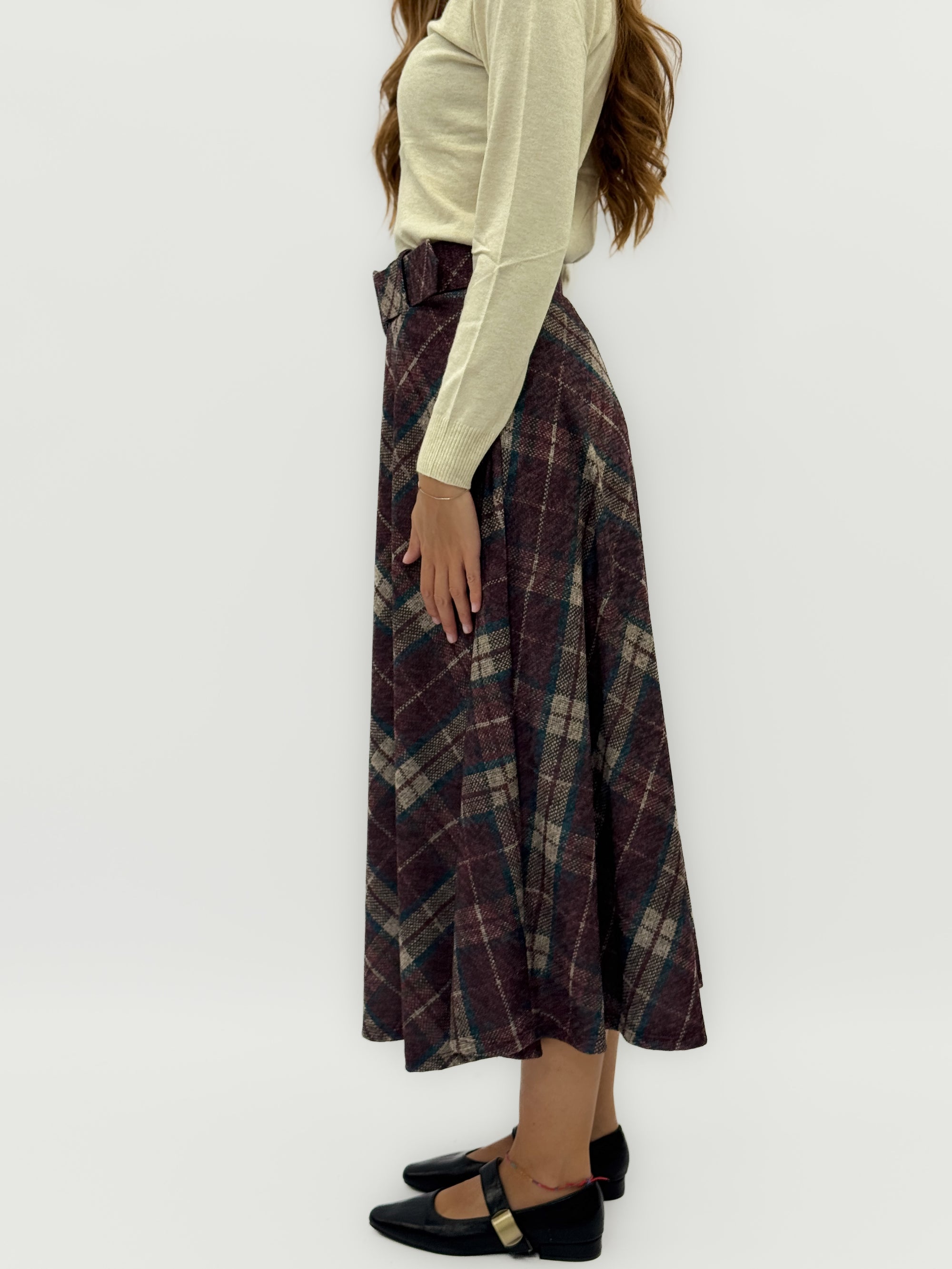 Gonna midi effetto lana scozzese con cintura – Stile vintage e femminilità moderna