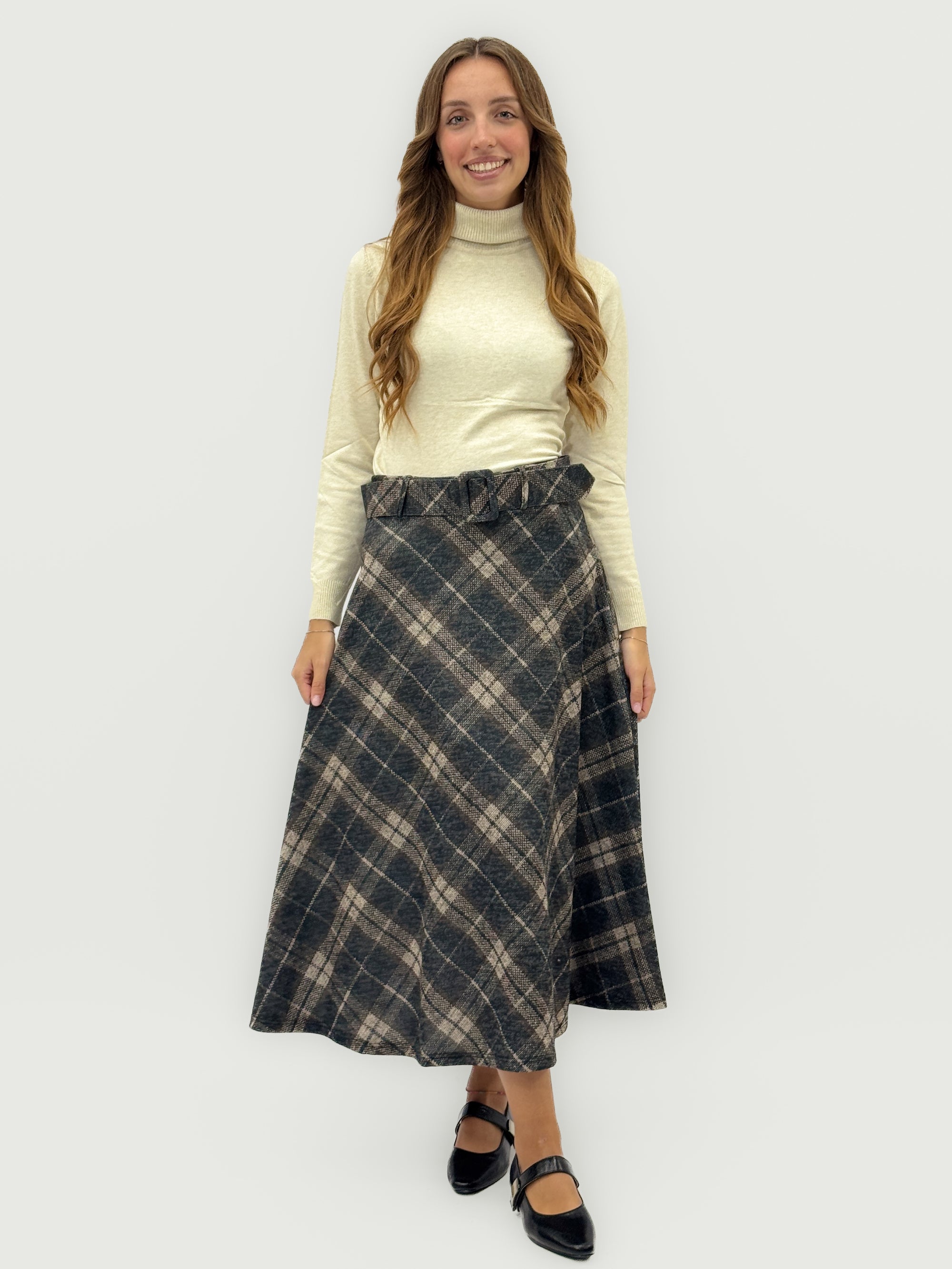 Gonna midi effetto lana scozzese con cintura – Stile vintage e femminilità moderna