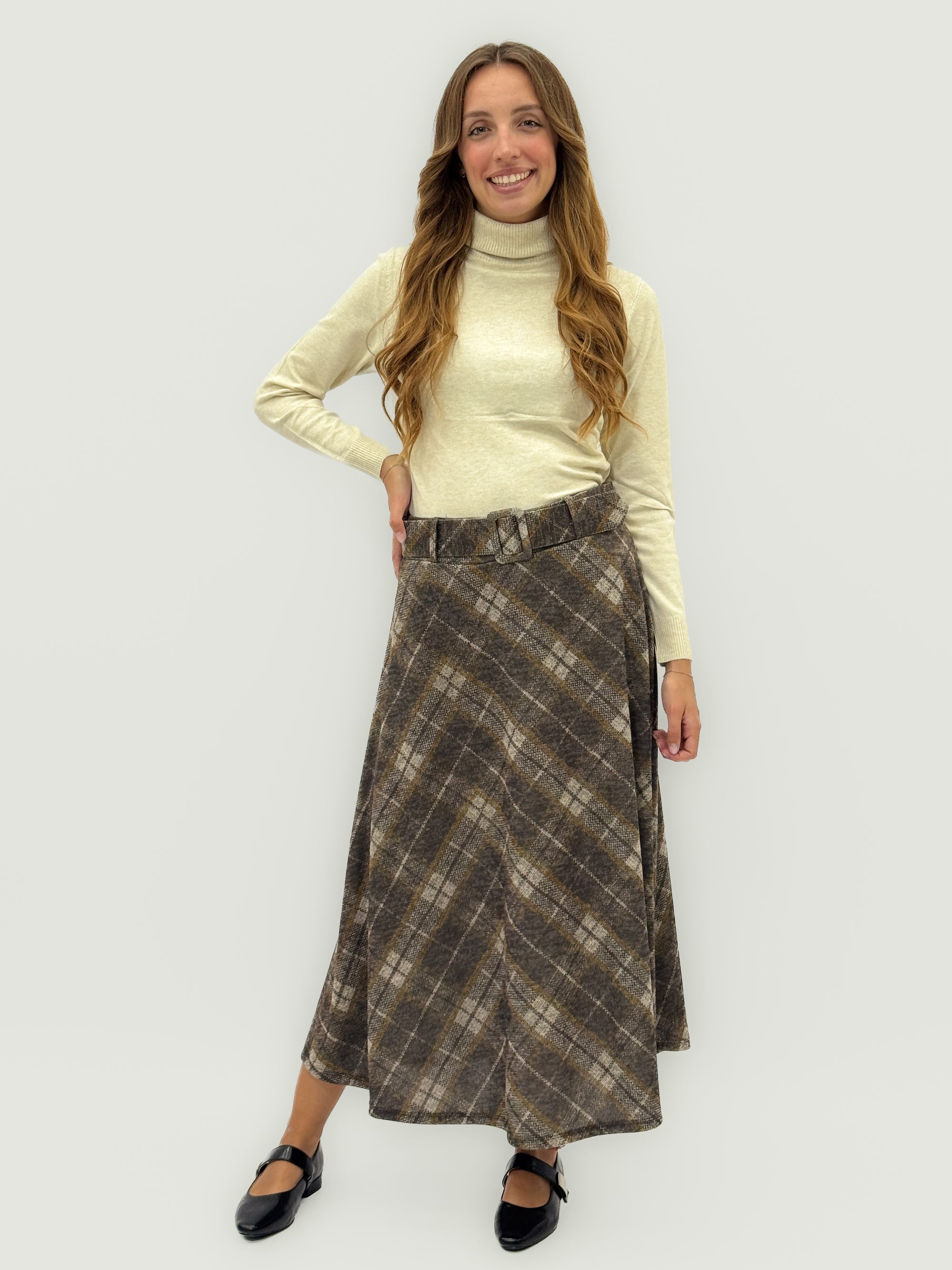 Gonna midi effetto lana scozzese con cintura – Stile vintage e femminilità moderna