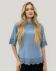 T-Shirt Cotone con Pizzo sul Fondo e Maniche