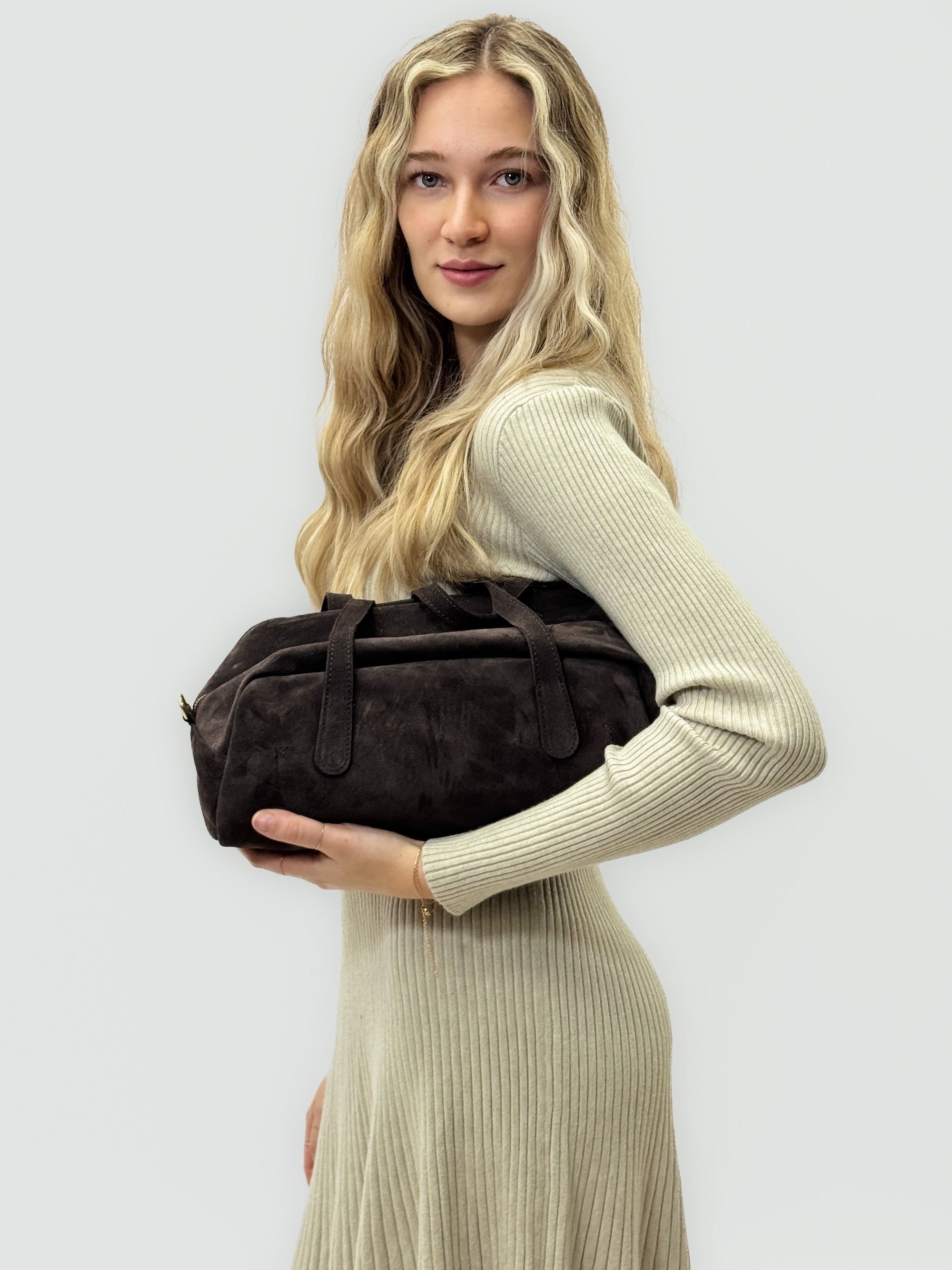 Borsa baguette in vera pelle scamosciata – Made in Italy