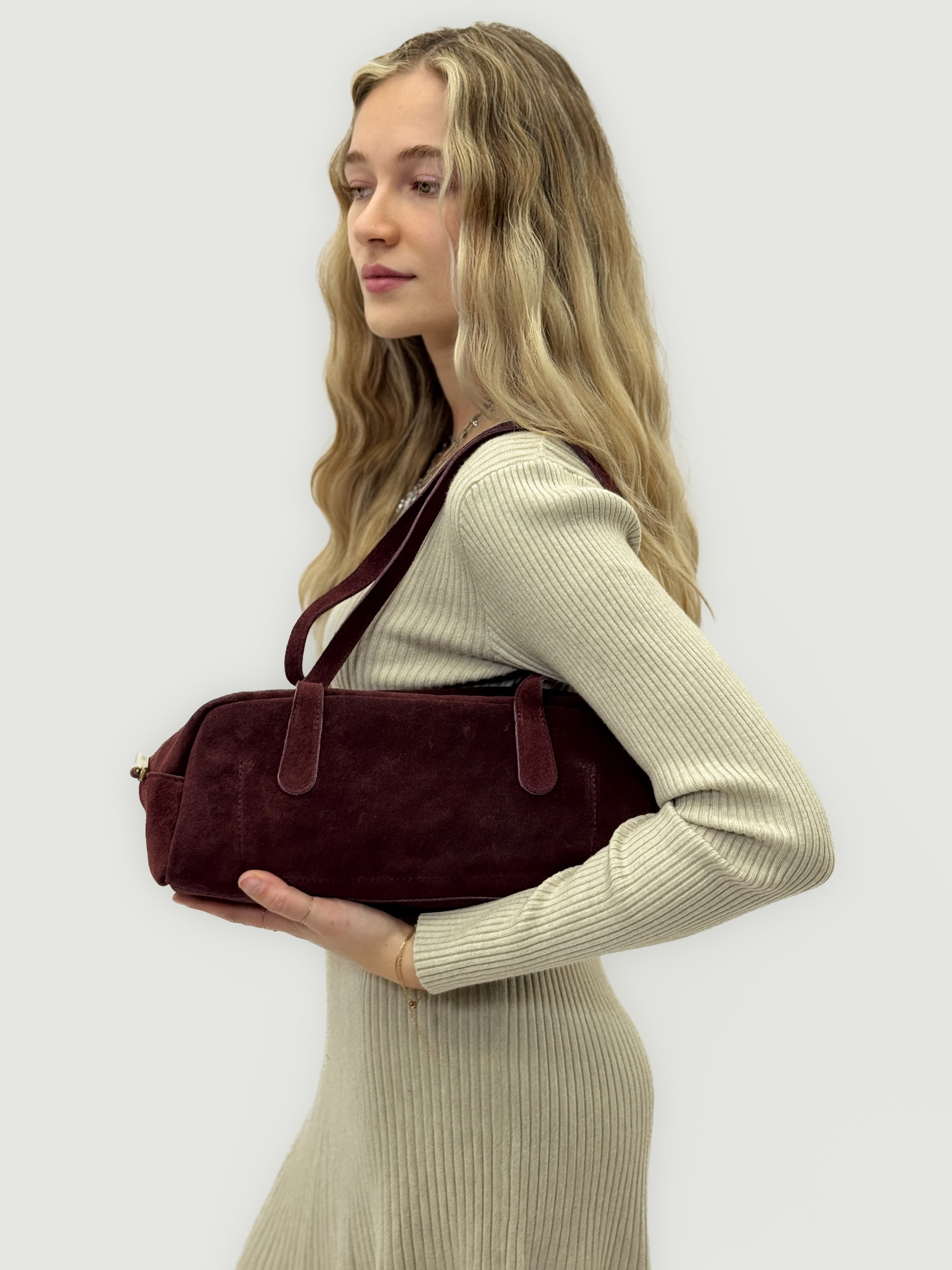 Borsa baguette in vera pelle scamosciata – Made in Italy