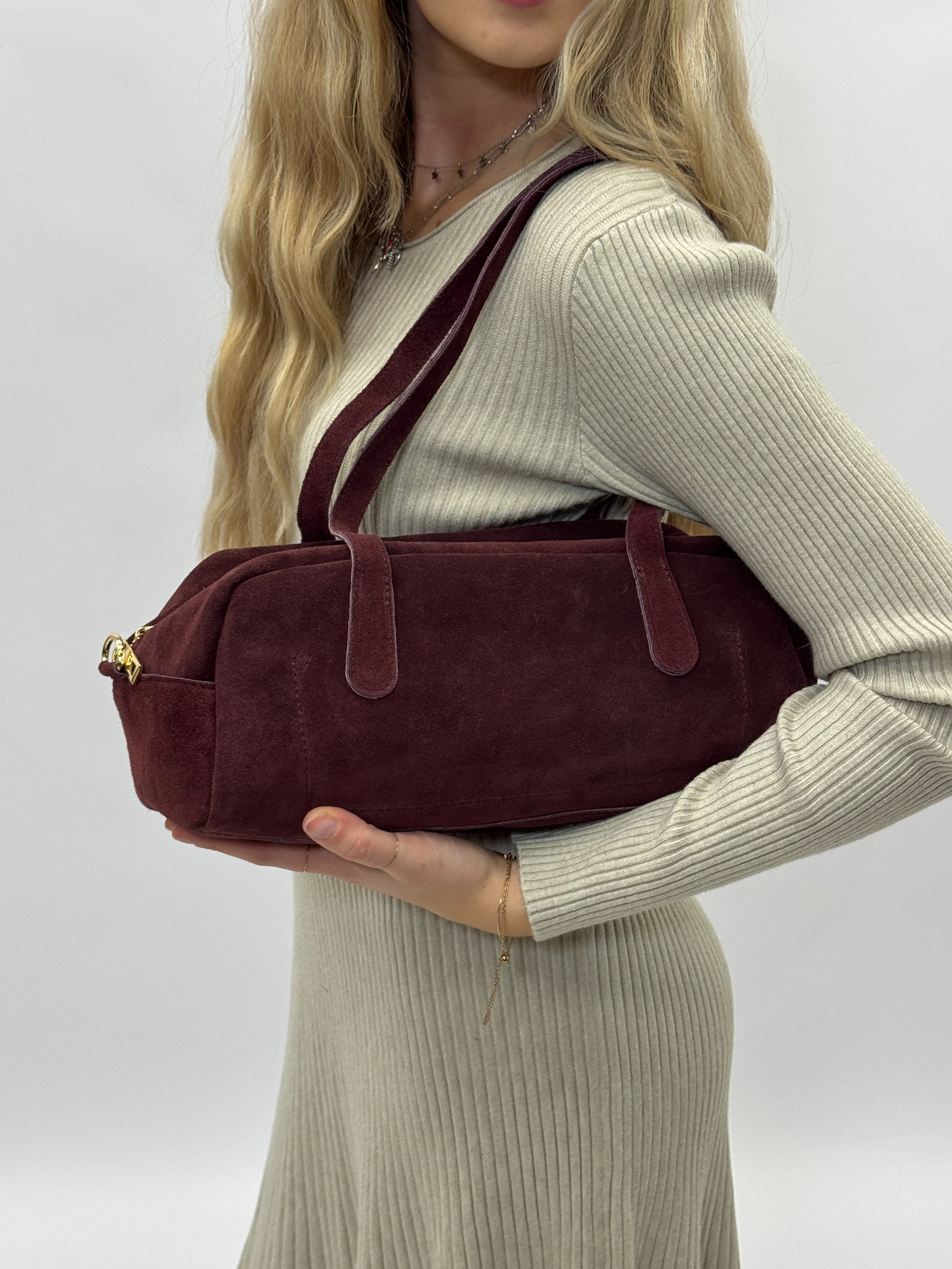 Borsa baguette in vera pelle scamosciata – Made in Italy