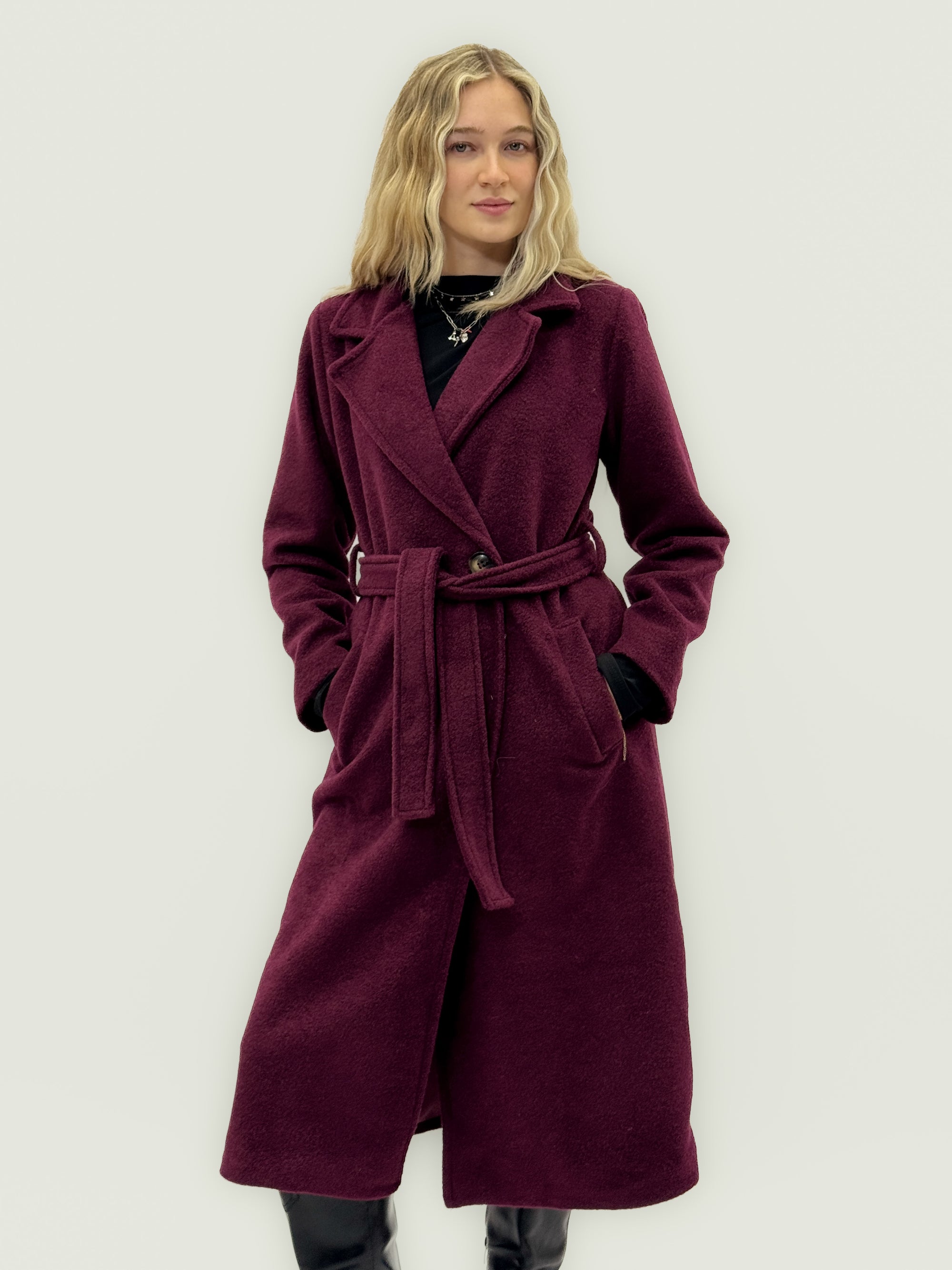 Cappotto bouclé con cintura in misto lana