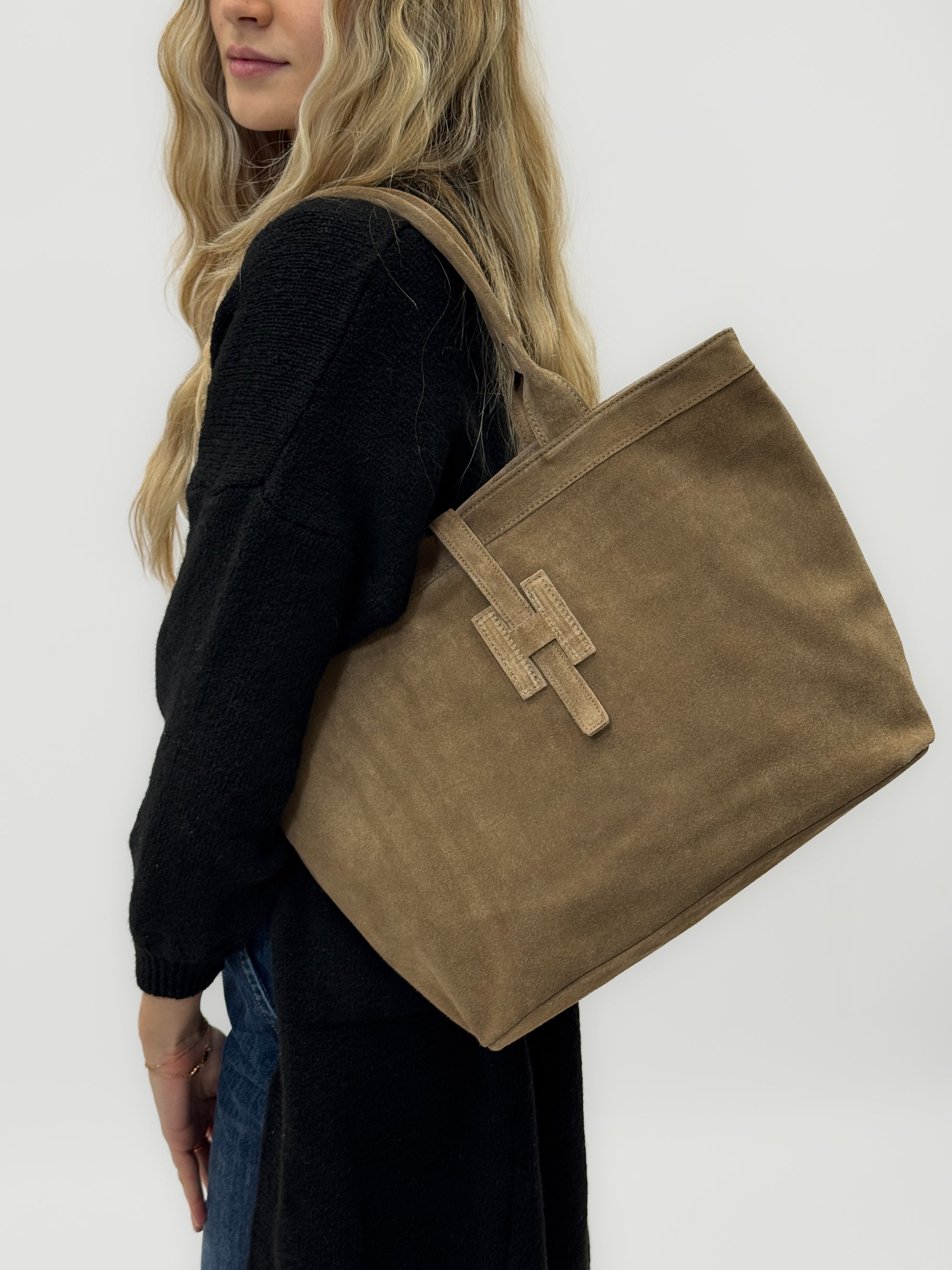Borsa shopper in vera pelle scamosciata - Made in Italy