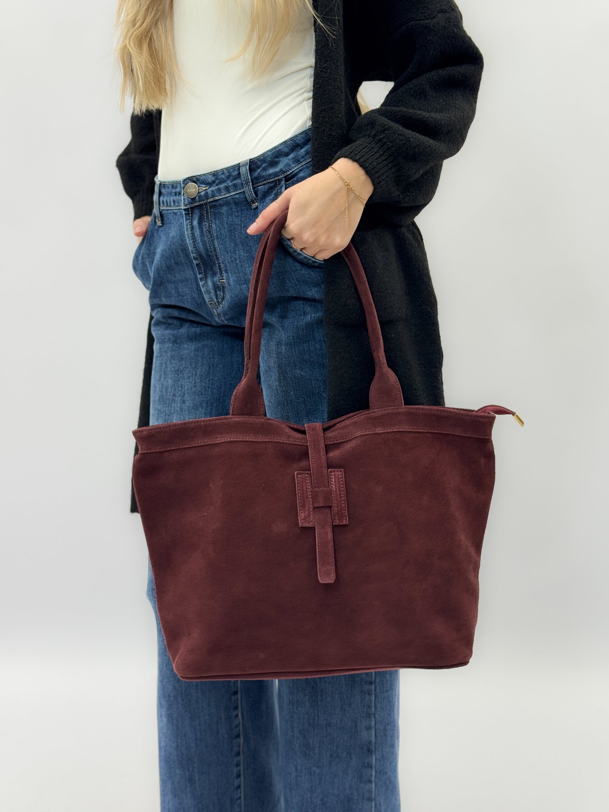 Borsa shopper in vera pelle scamosciata - Made in Italy