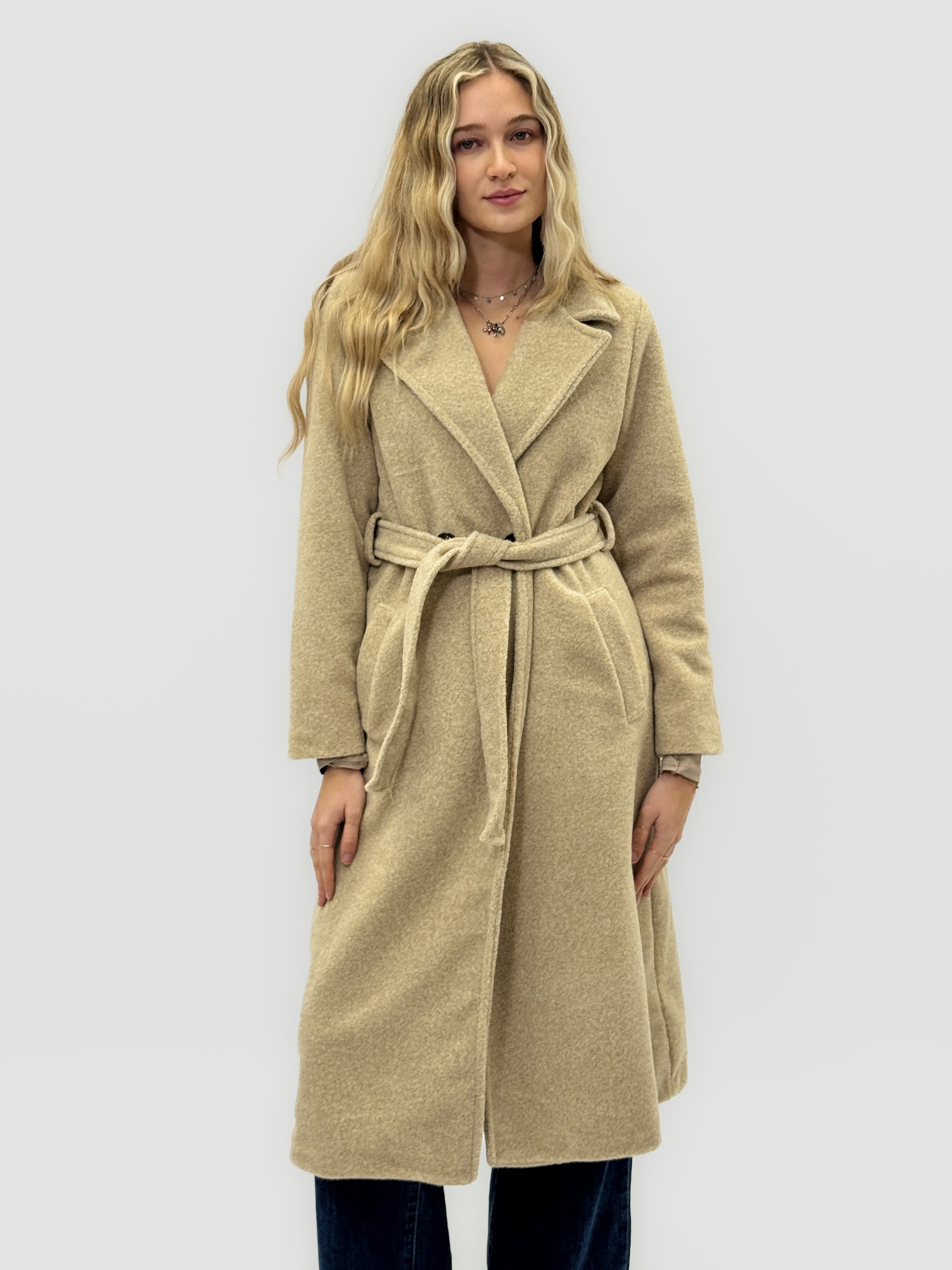 Cappotto bouclé con cintura in misto lana