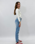 Pantaloni jeans mom fit dritti con strass
