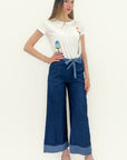 Pantaloni culotte in denim leggero con cintura