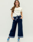 Pantaloni culotte in denim leggero con cintura