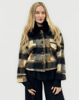 Giaccone corto a quadri con collo in pelliccia sintetica