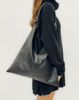 Borsa shopper in vera pelle con zip e manico intrecciato - Made in Italy