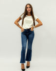 Jeans donna bootcut blu con fondo sfrangiato