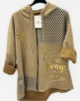 Cardigan lungo con cappuccio e inserti traforati