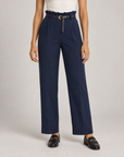 Pantaloni donna a gamba dritta con cintura e vita arricciata blu su Polly 4 — vista frontale