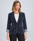 Blazer donna in ciniglia blu indossato da Polly 5, vista frontale