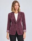 Blazer donna in ciniglia bordeaux indossato da Polly 5, vista frontale