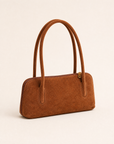Borsa baguette donna in vera pelle scamosciata color cuoio, foto singola tre quarti