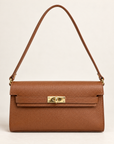Borsa baguette in vera pelle marrone con chiusura dorata – frontale