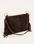 Borsa donna con frange in vera pelle – Marrone testa di moro tre-quarti