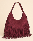 Borsa hobo con frange in ecopelle Bordeaux - vista tre quarti