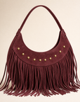 Borsa hobo bordeaux, dettaglio di pelle, frange e borchie
