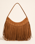 Borsa hobo con frange in vera pelle camel, vista frontale