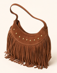 Borsa hobo con frange in vera pelle marrone, vista a tre quarti