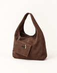 Borsa hobo marrone in vera pelle scamosciata con pochette coordinata inclusa e chiusura con zip