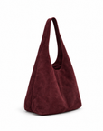 Borsa hobo in vera pelle scamosciata bordeaux con pochette – vista laterale