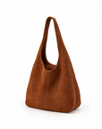 Borsa hobo in vera pelle scamosciata cuoio con pochette – vista a tre quarti