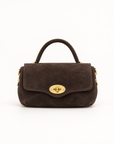 Borsa a mano in vera pelle scamosciata marrone, vista frontale