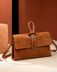 Borsa pochette donna camel con nodo, vista singola frontale