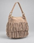 Borsa a secchiello vera pelle con frange — Beige, vista tre quarti